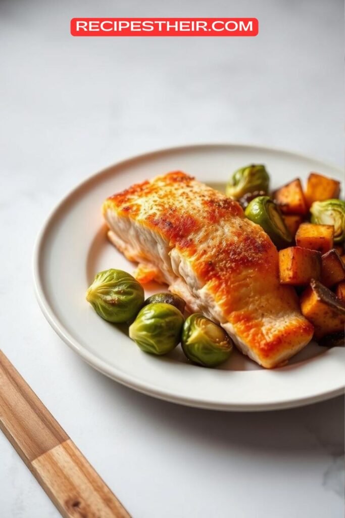 Baked Salmon with Roasted Brussels Sprouts and Sweet Potato