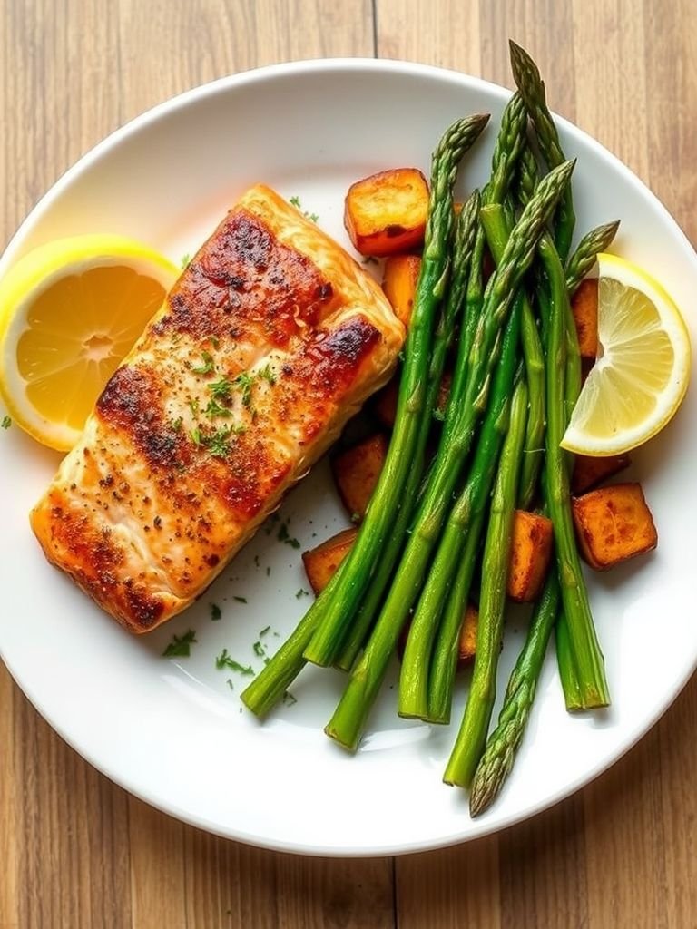 Salmon with Roasted Sweet Potatoes and Asparagus