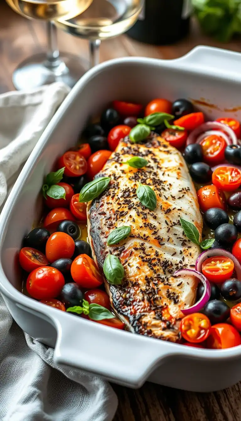 Mediterranean Baked Sea Bass with Tomatoes and Olives