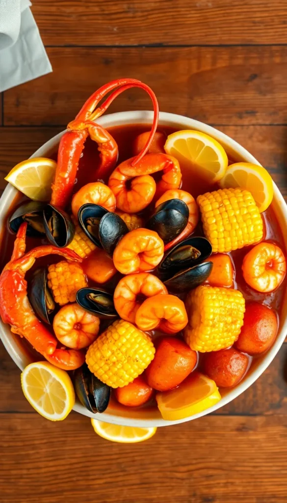 A mouthwatering close-up of a seafood boil platter covered in rich, buttery Hot n Juicy sauce, with crab legs, shrimp, corn on the cob, and potatoes glistening under a warm light. The sauce should look thick, golden-orange, and full of minced garlic, Cajun spices, and red chili flakes. Steam rising from the food, rustic wooden table background, shallow depth of field for a professional food photography look, natural lighting, ultra-realistic, high resolution.