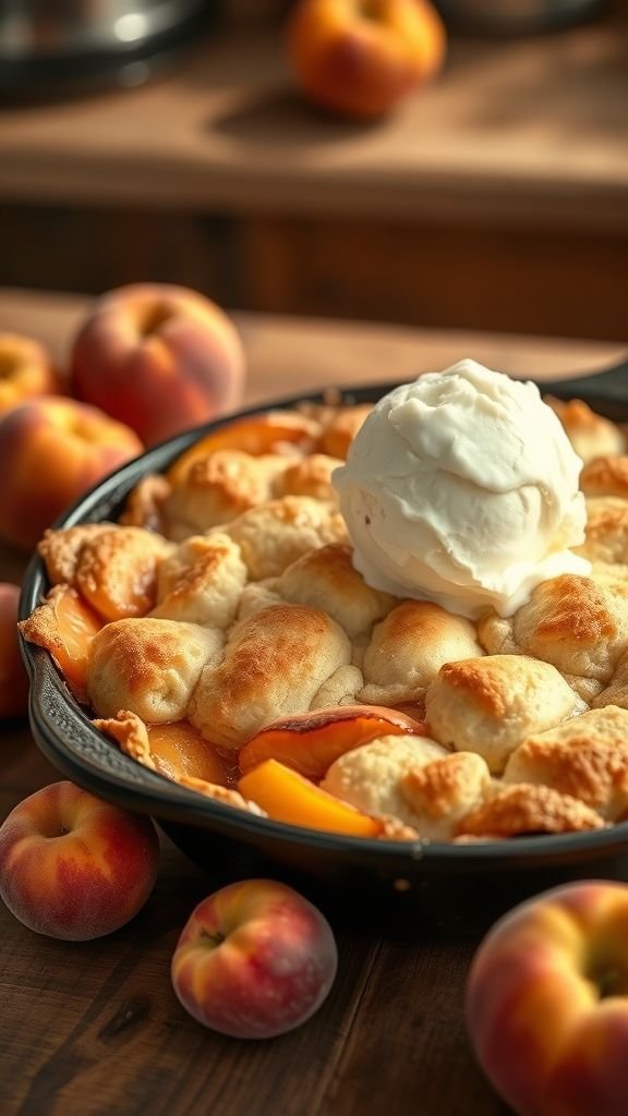 Peach Cobbler with Vanilla Ice Cream