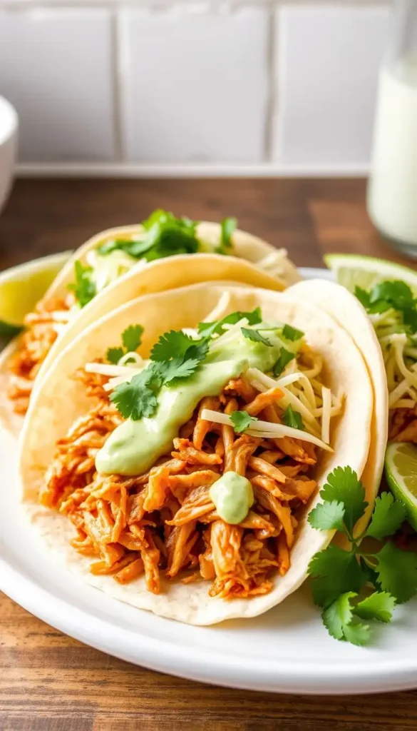 Shredded Chicken Tacos with Cilantro-Lime Sauce