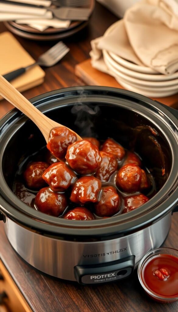 BBQ Frozen Meatballs in the Crockpot