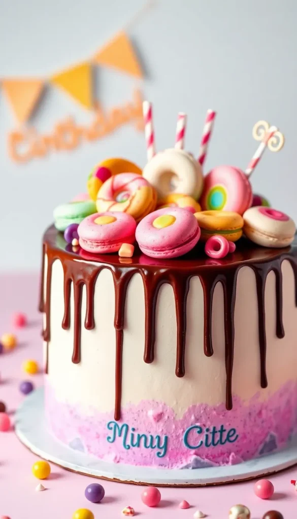 Drip Cake with Macarons and Candy