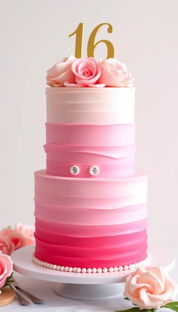 Elegant Pink Ombre Sweet 16 Cake