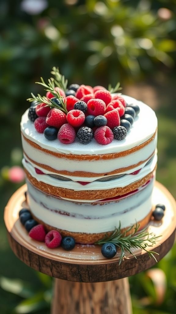 Naked Wedding Cake with Berries and Whipped Cream