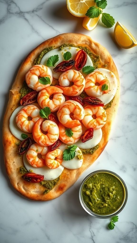 Pesto Shrimp Naan Pizza