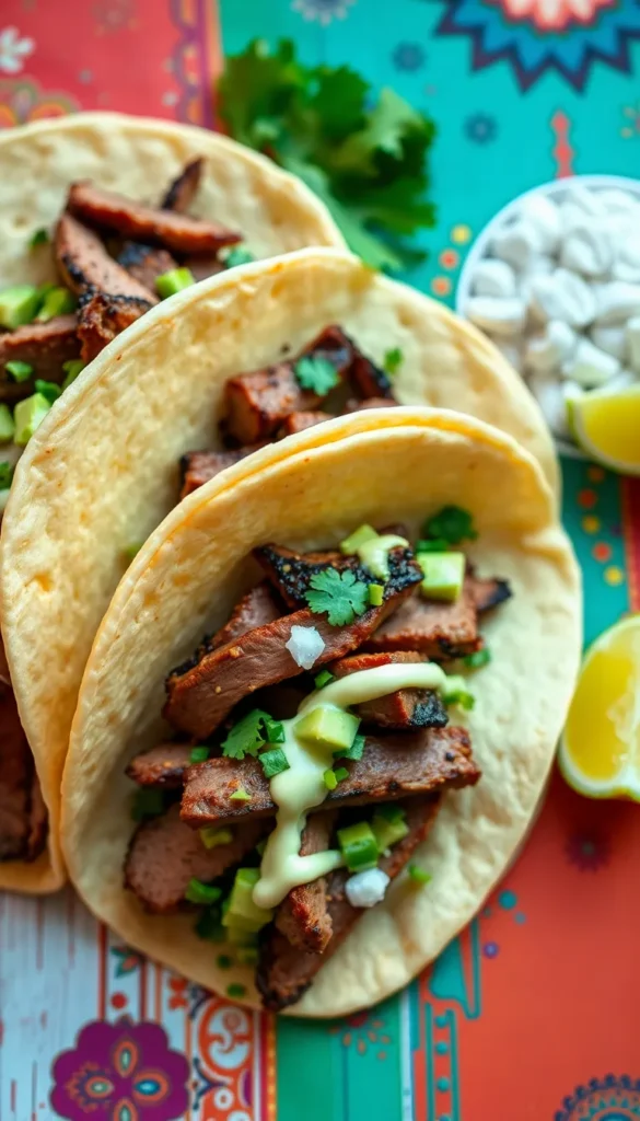 Skirt Steak Tacos with Avocado Crema