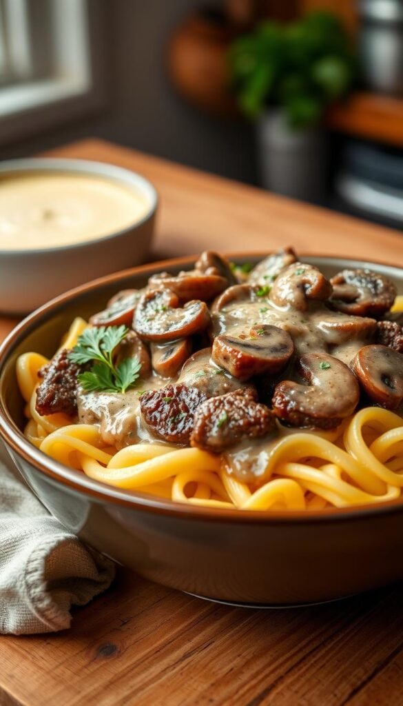 Skirt Steak and Mushroom Stroganoff