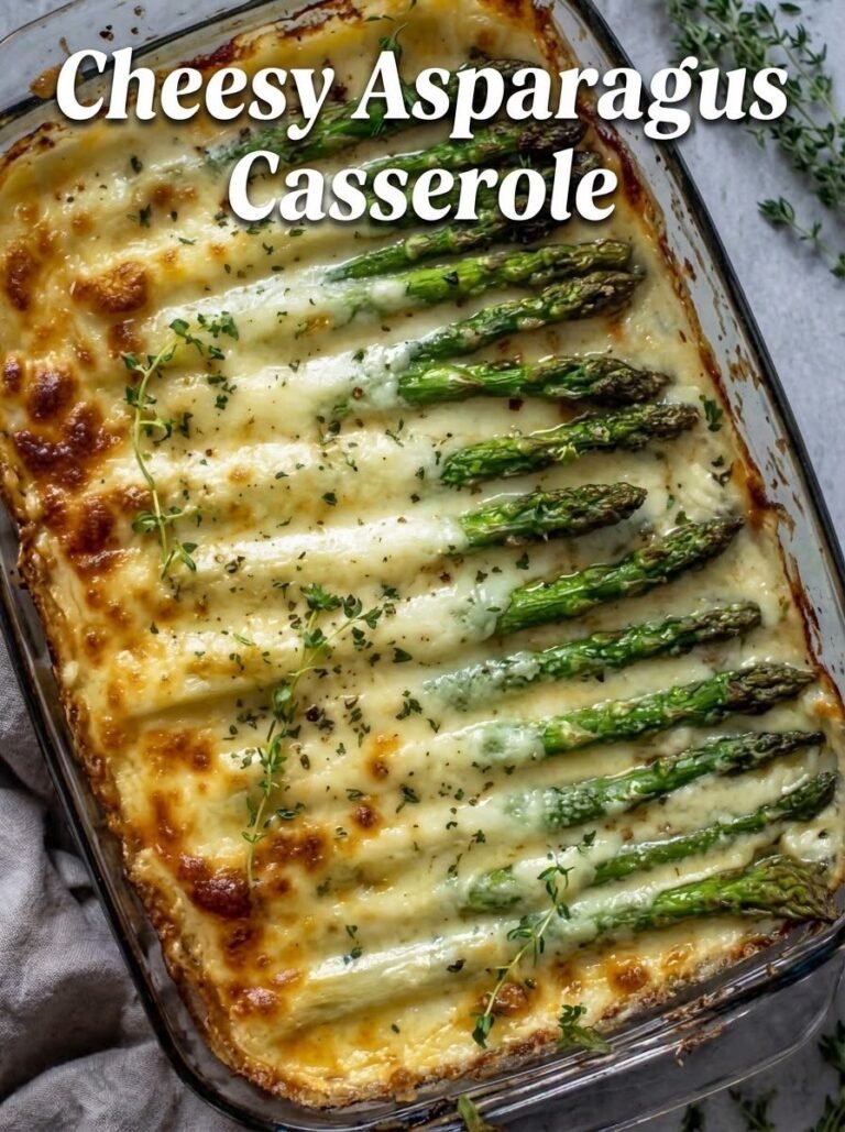Asparagus Casserole with fresh asparagus, creamy garlic sauce, mozzarella, cheddar, Parmesan, and a golden baked cheese topping