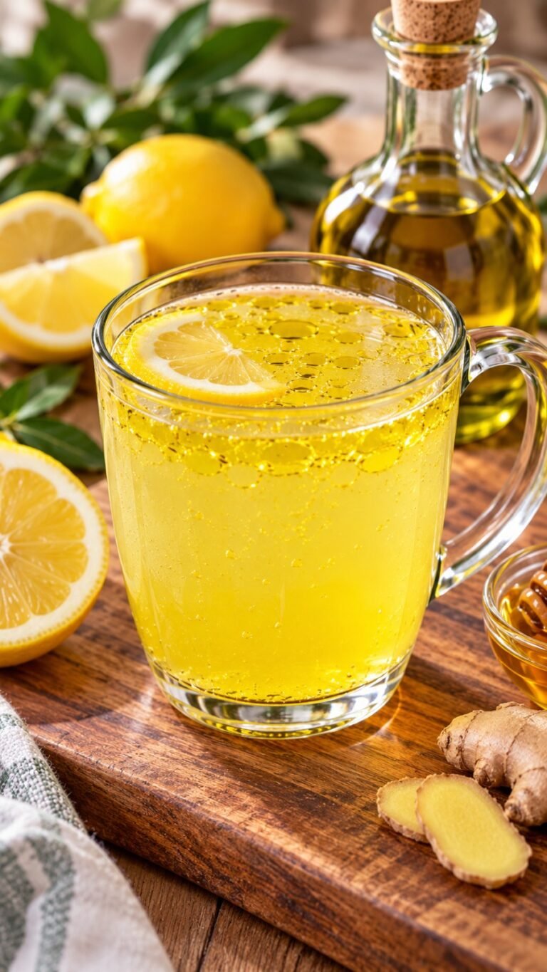 Lemon Olive Oil Drink with fresh lemon, extra virgin olive oil, warm water, ginger, and honey