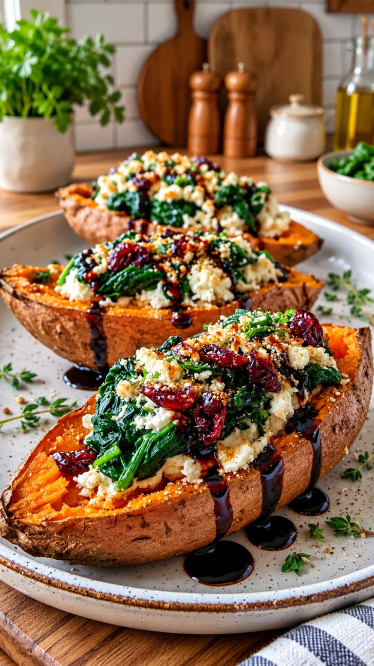 Roasted Sweet Potatoes Stuffed with Spinach, Feta & Cranberries – Easy Mediterranean
