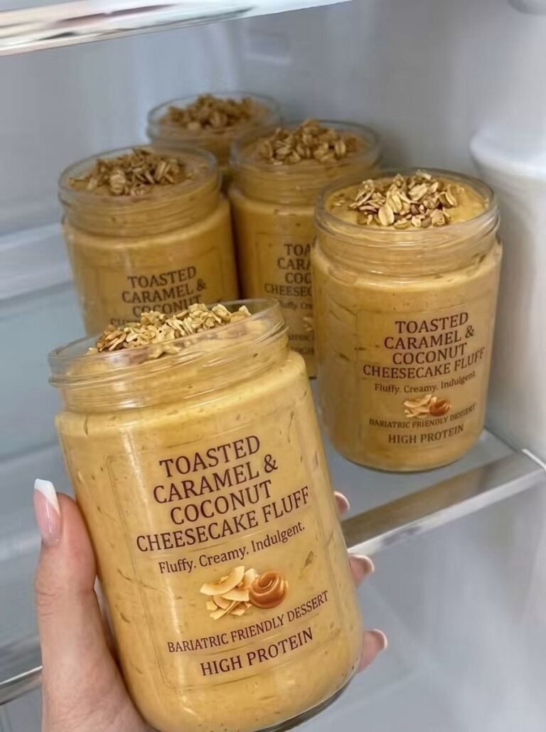 Caramel Cheesecake Fluff with cottage cheese, Greek yogurt, caramel, protein powder, and toasted coconut