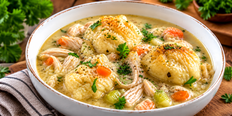 Crockpot Chicken Dumplings with tender chicken, carrots, celery, creamy broth, and fluffy dumplings