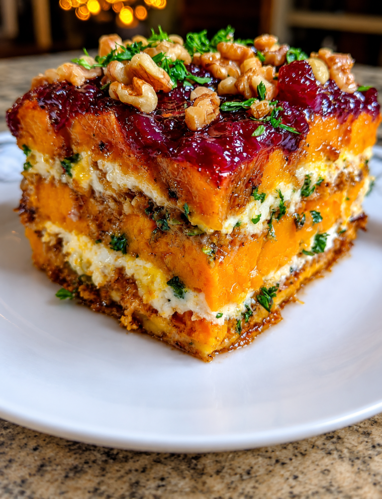 Sweet Potato Butternut Squash Carrot Lasagna with Feta, Walnuts & Cranberry-Honey Glaze