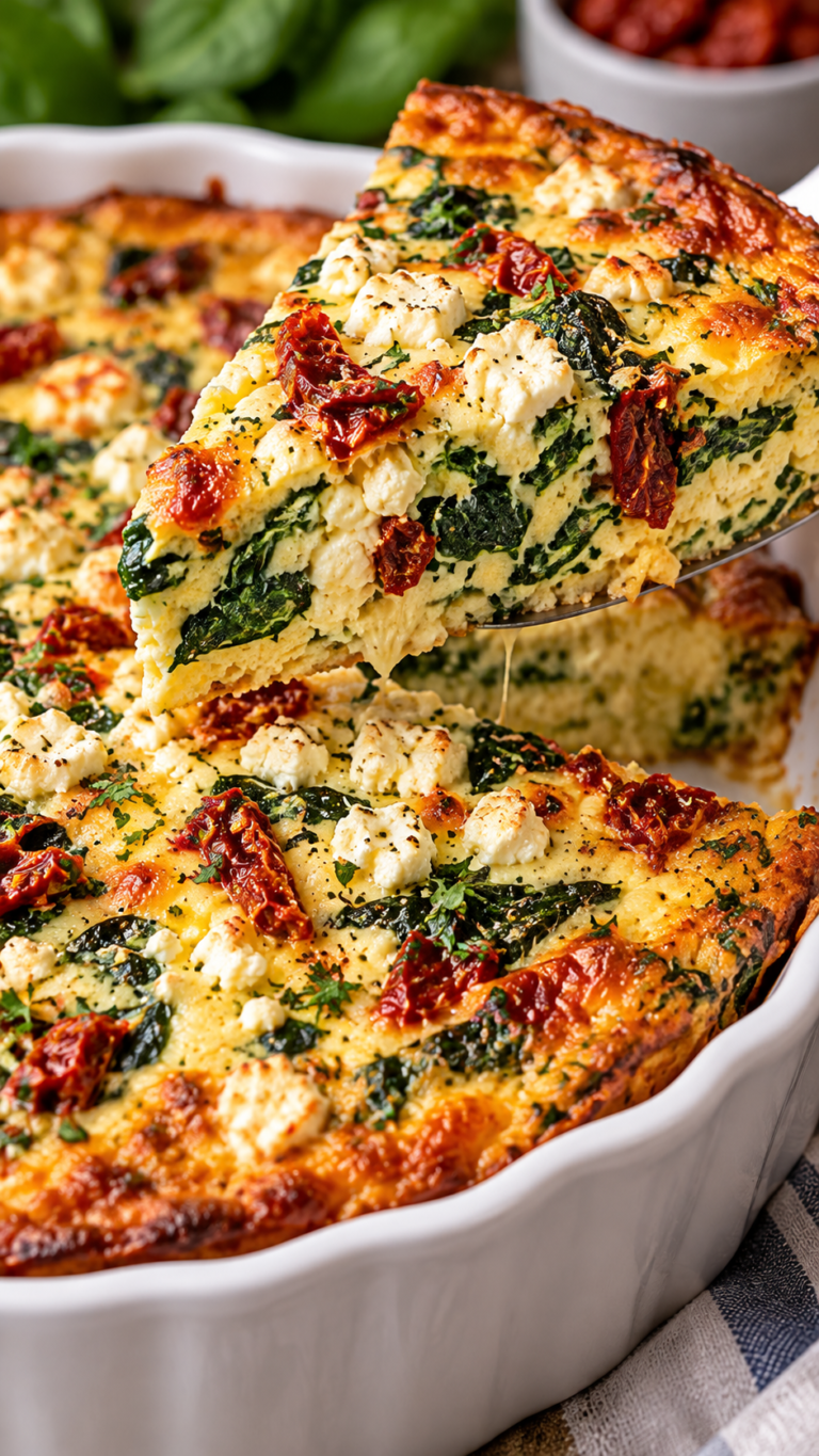 Spinach, Sun-Dried Tomato & Feta Crustless Quiche