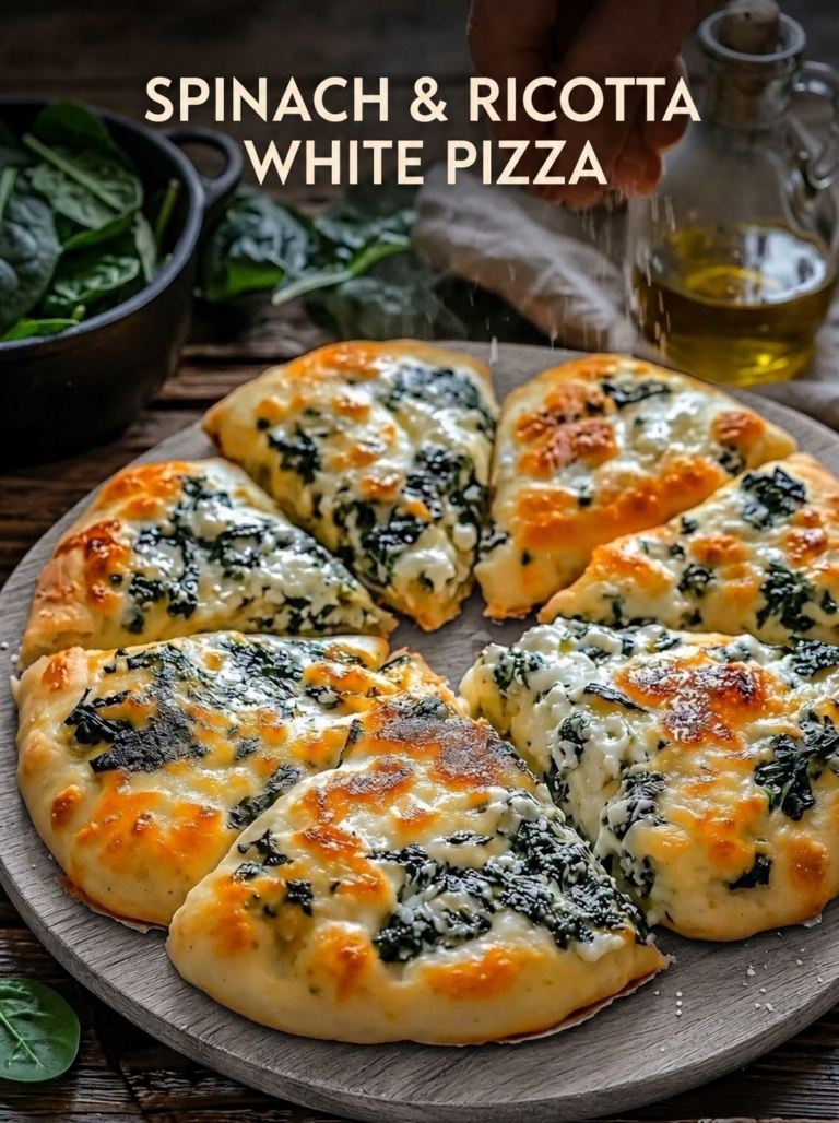 Spinach ricotta pizza with golden mozzarella, creamy ricotta, and garlic spinach, sliced on a grey serving board.