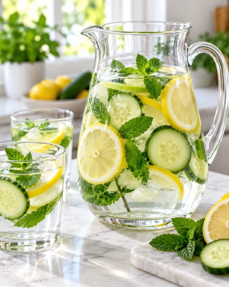 Homemade Alkaline Water with cucumber slices, lemon, fresh mint, ice, and filtered water in a clear glass pitcher