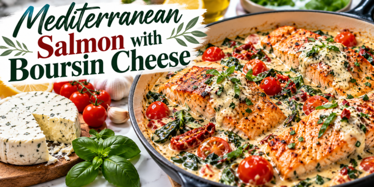 Mediterranean Salmon with Boursin in creamy garlic herb sauce with tomatoes and spinach