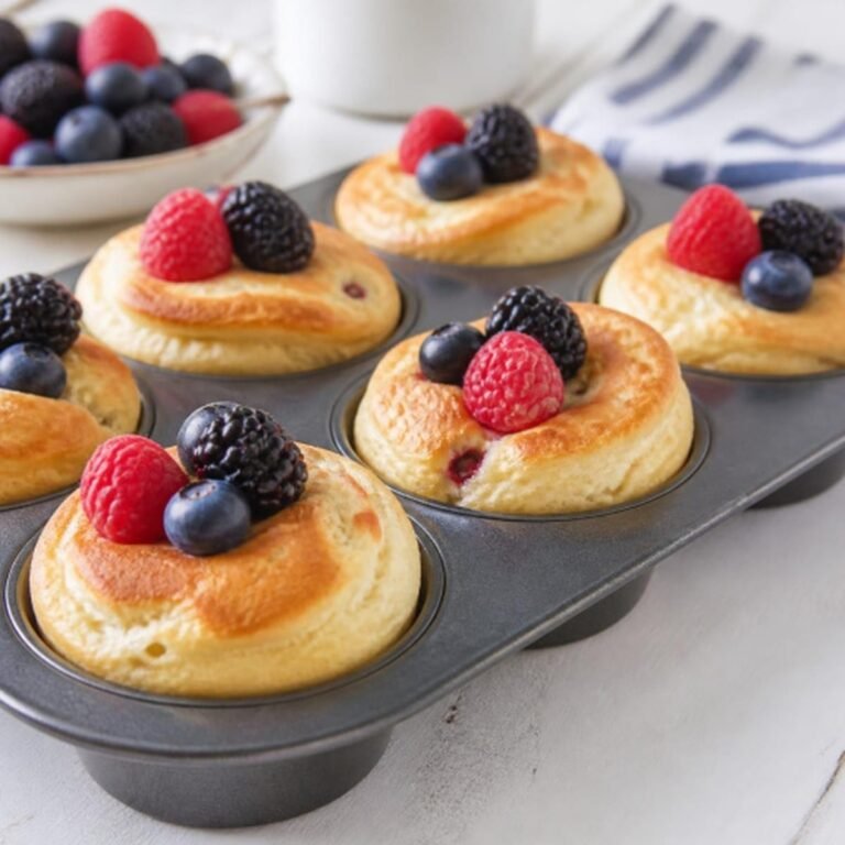 Fluffy Pancake Muffins topped with fresh blueberries, raspberries, and blackberries