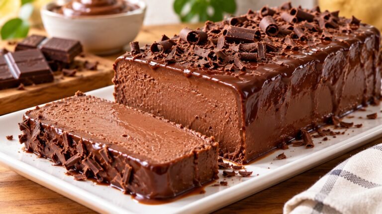 Chocolate Pudding Loaf with a creamy chocolate center, smooth sliceable texture, cocoa powder, and fresh berries