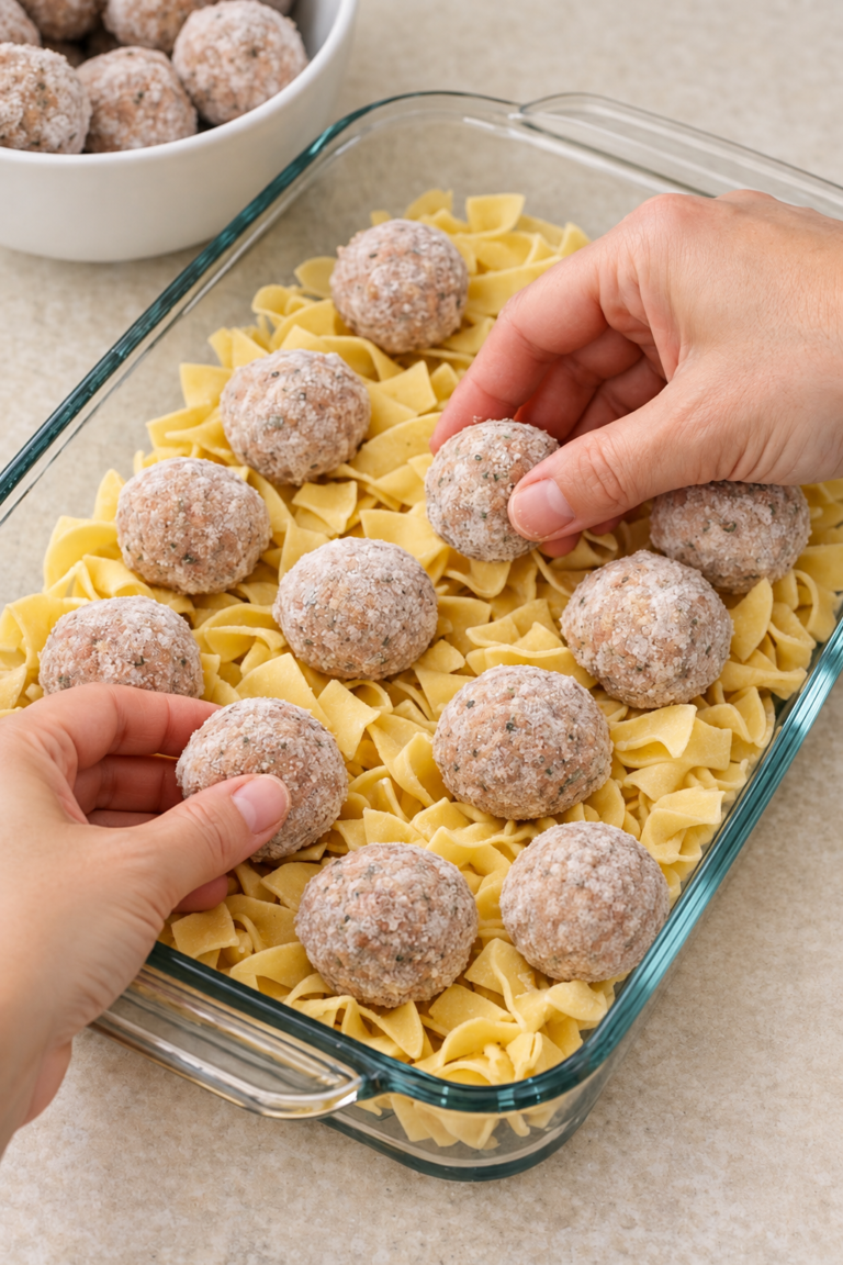 Creamy Frozen Meatball and Egg Noodle Casserole