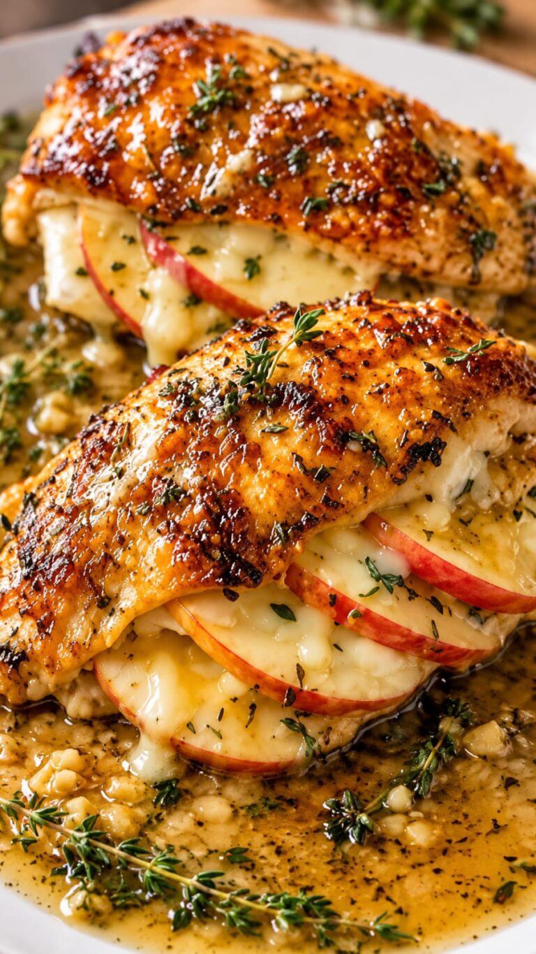 Apple Brie Stuffed Chicken with golden baked chicken breast filled with melted Brie cheese and tender apple slices