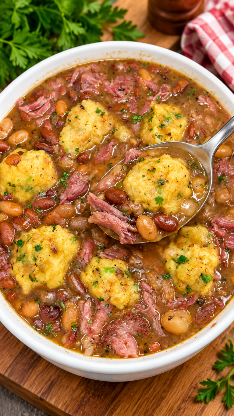 Slow Cooker Ham and Beans with Fluffy Herb Dumplings