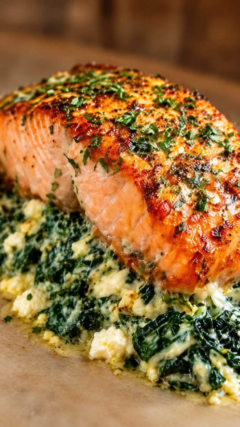 Spinach Feta Stuffed Salmon baked with creamy feta cheese, fresh spinach, garlic, and Mediterranean herbs