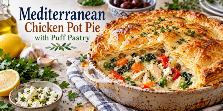 Mediterranean Chicken Pot Pie with golden puff pastry, chicken, vegetables, feta, and creamy filling