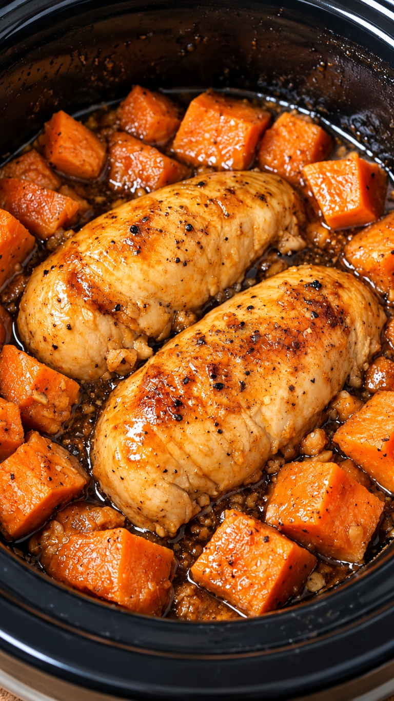 Slow Cooker Garlic Chicken & Sweet Potatoes