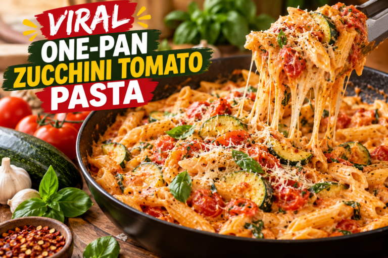 Viral One-Pan Zucchini Tomato Pasta with creamy tomato sauce, zucchini, basil and Parmesan cheese