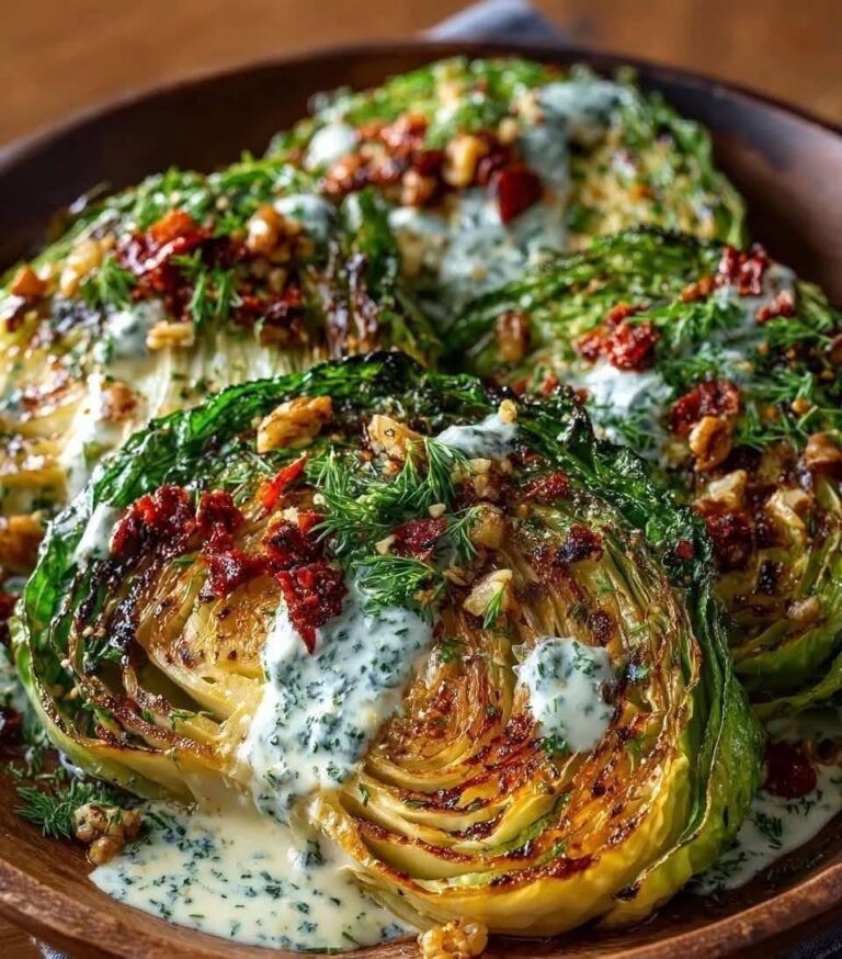 Roasted cabbage steaks topped with creamy dill sauce, chopped sun-dried tomatoes, toasted walnuts, and fresh dill.