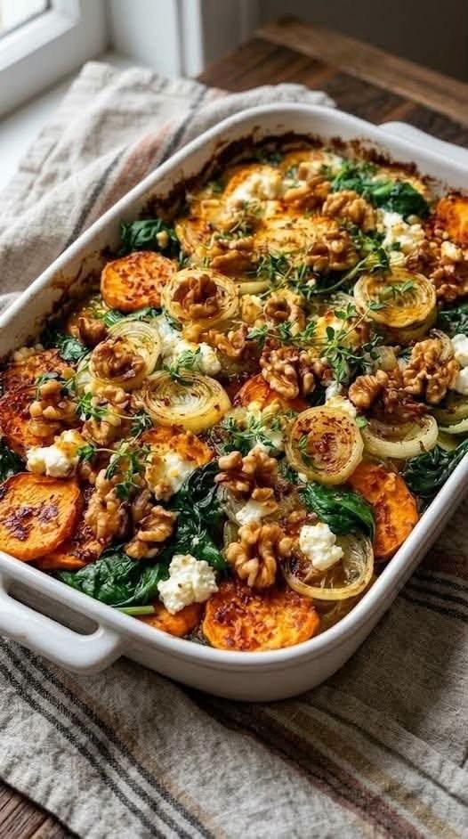 Roasted sweet potato bake with spinach, caramelized onion rings, crumbled feta, and walnuts in a white baking dish.