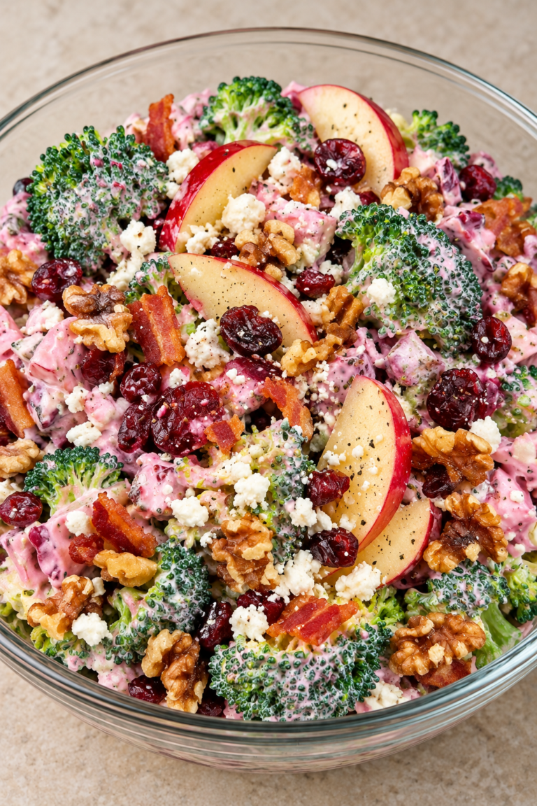 Creamy Broccoli Apple Cranberry Salad with Walnuts and Feta