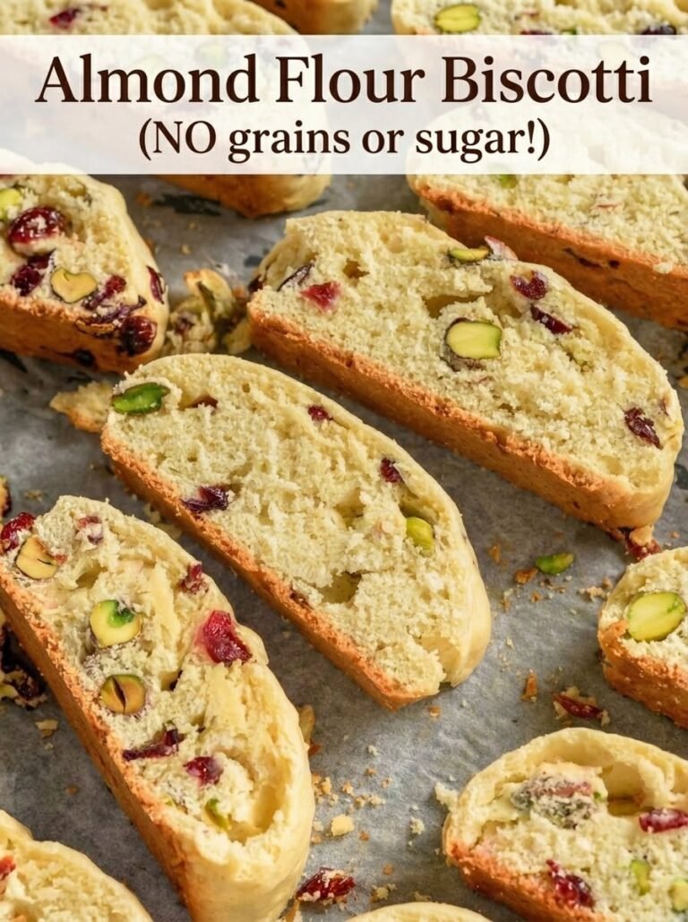 Homemade Almond Flour Biscotti with pistachios and dried cranberries, sliced diagonally and baked until golden and crunchy.