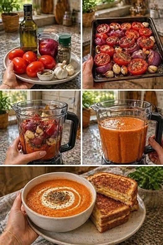 Creamy Roasted Tomato Soup made with fresh roasted tomatoes, garlic, onions, and basil, served with a cream swirl and golden grilled cheese sandwiches.