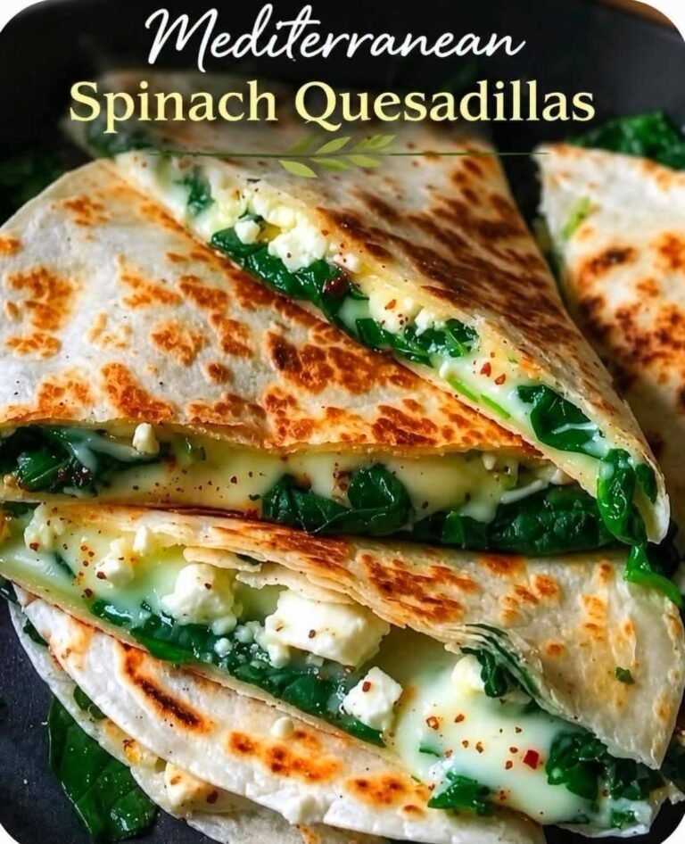 Crispy golden Mediterranean Spinach Quesadillas stuffed with fresh spinach, melted mozzarella, crumbled feta cheese, and Mediterranean herbs.