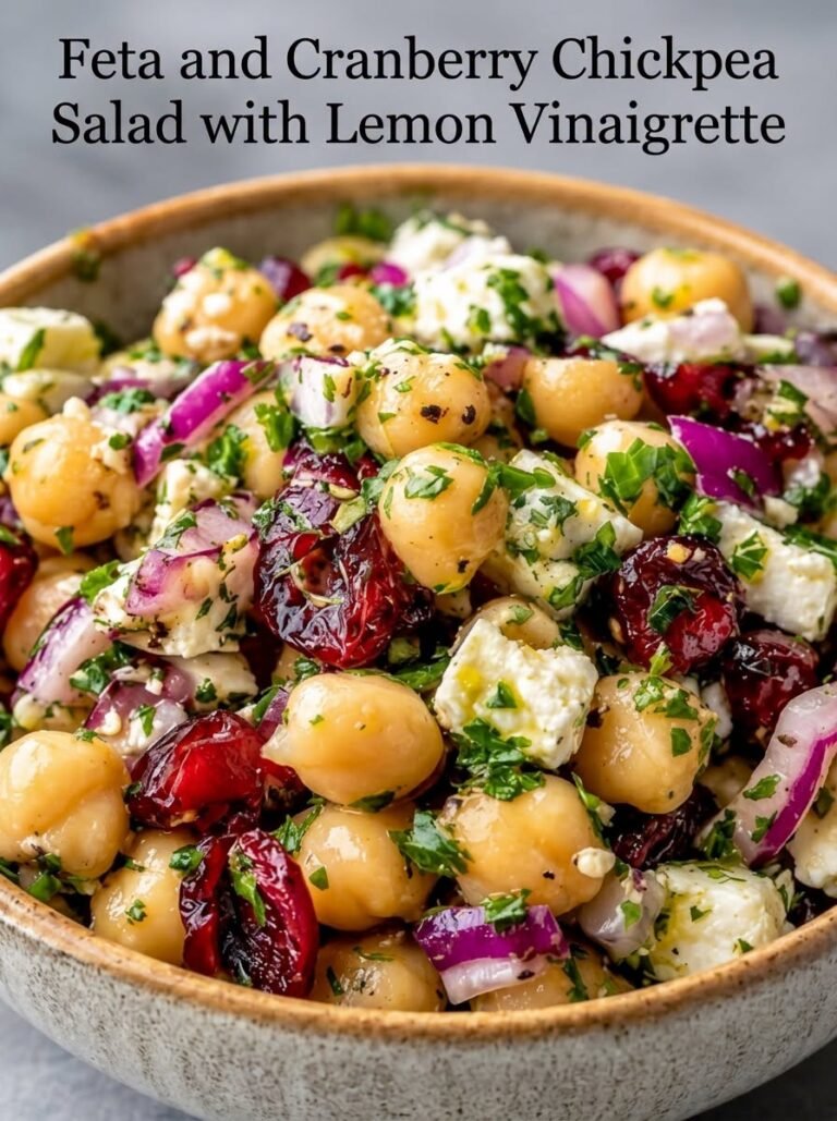 Cranberry chickpea salad with feta cheese, red onion, parsley, and lemon vinaigrette in a ceramic bowl