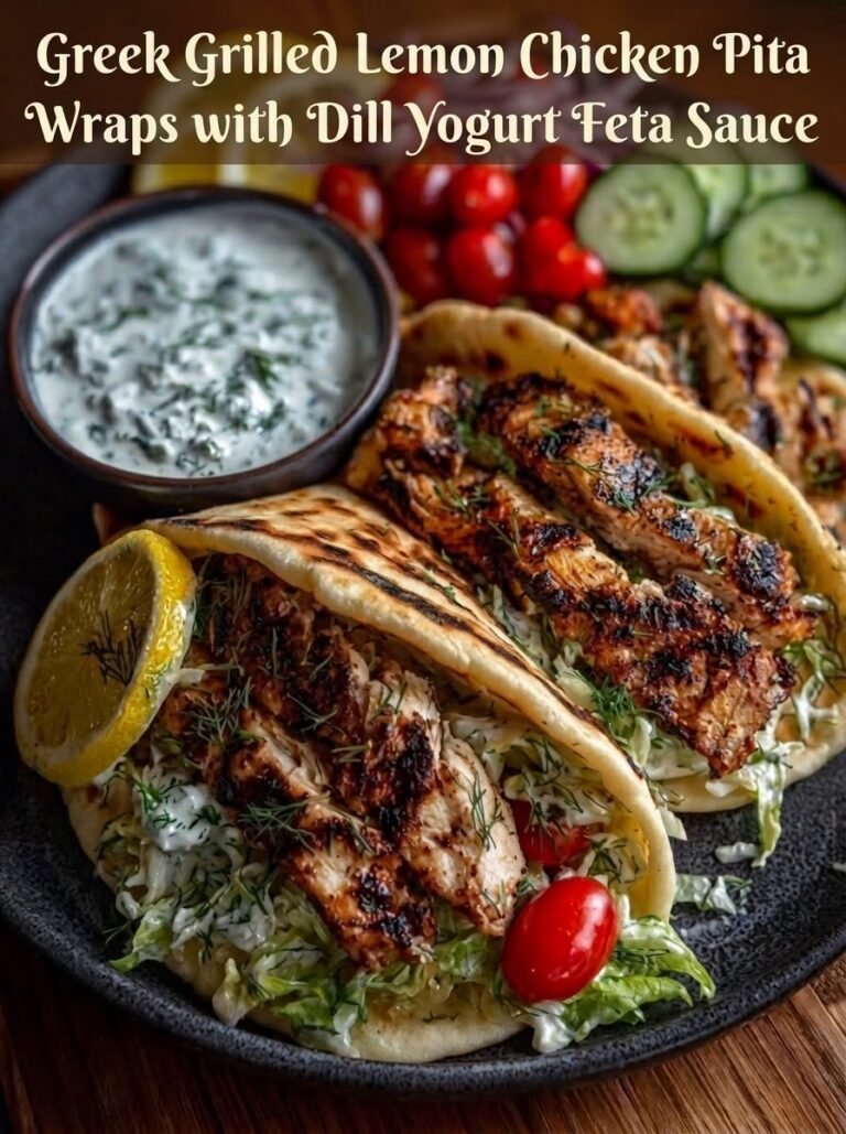 Grilled lemon chicken pita wraps filled with lettuce and tomatoes, topped with dill yogurt feta sauce and served with lemon.