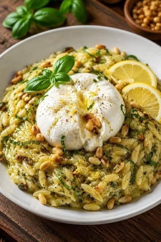 Lemon Basil Orzo with Burrata & Roasted Pine Nuts
