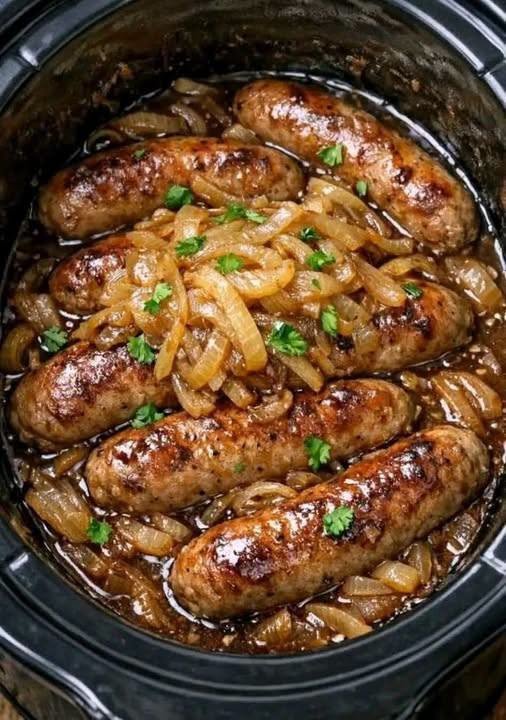 Slow Cooker Sausages with Caramelized Onions and Rich Onion Gravy