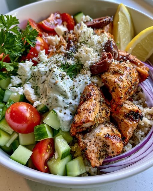 High Protein Greek Chicken and Cucumber Bowls