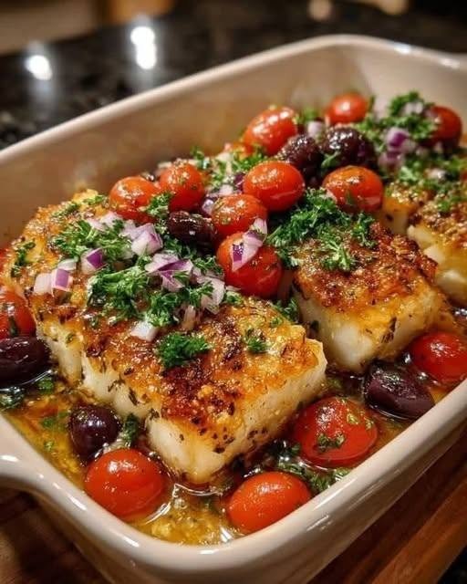 Mediterranean Garlic Butter Baked Cod with Cherry Tomatoes and Olives