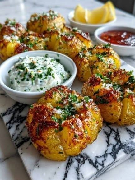 Crispy Smashed Potatoes with Creamy Herb Dip and Hot Honey – Easy, Golden & Delicious