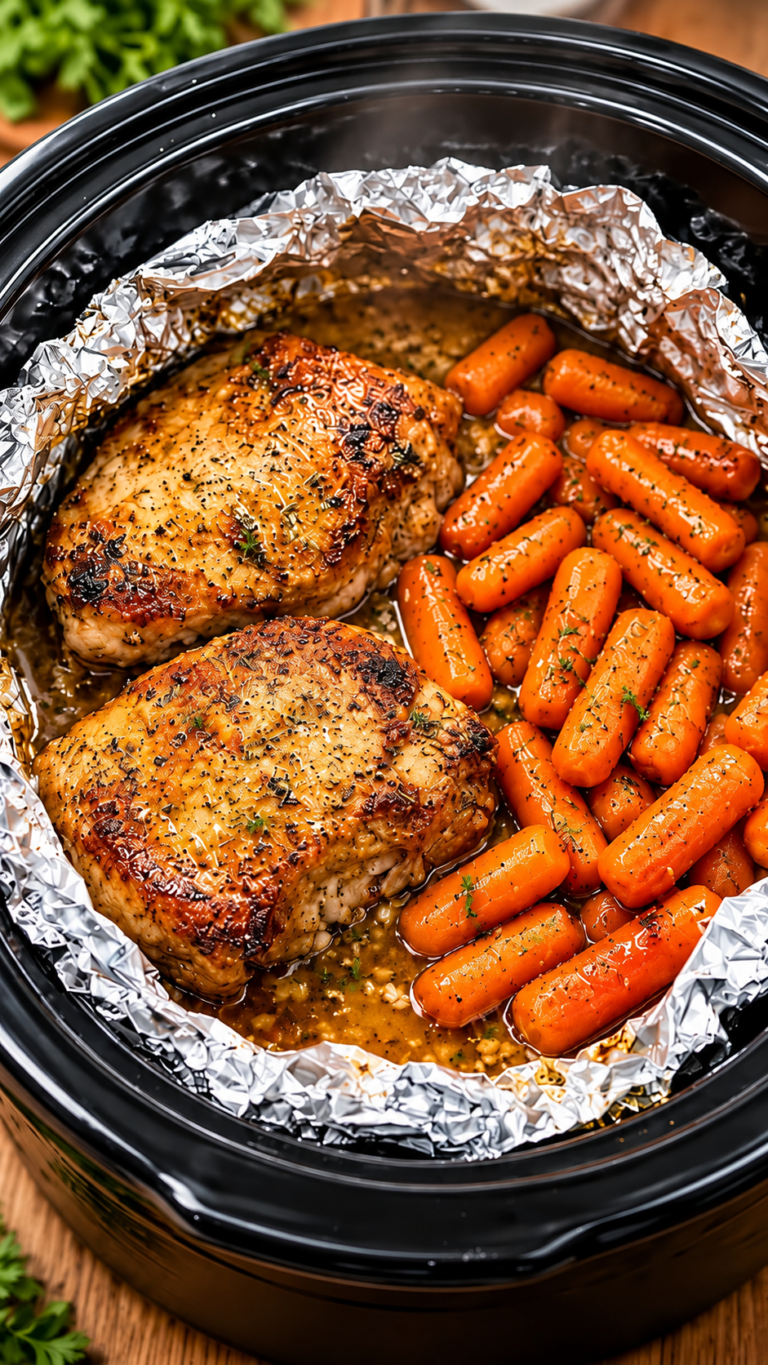 Slow Cooker Garlic Butter Pork Chops with Baby Carrots