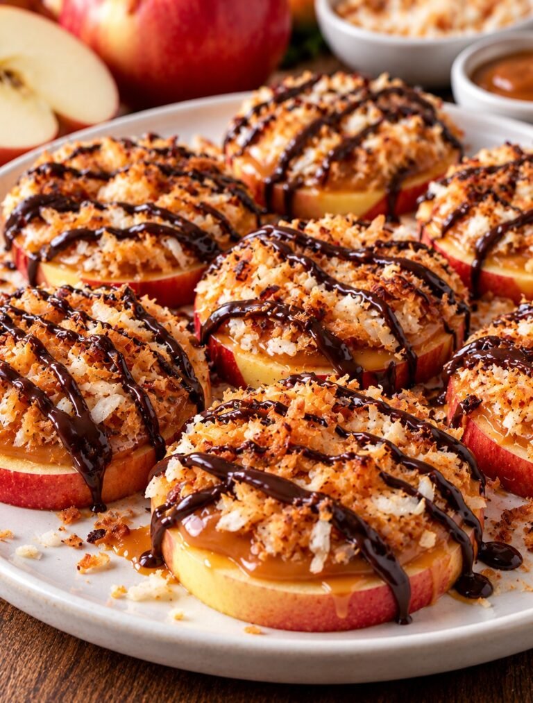 Apple Samoas with crisp apple slices, toasted coconut, caramel, dark chocolate drizzle, and chopped nuts