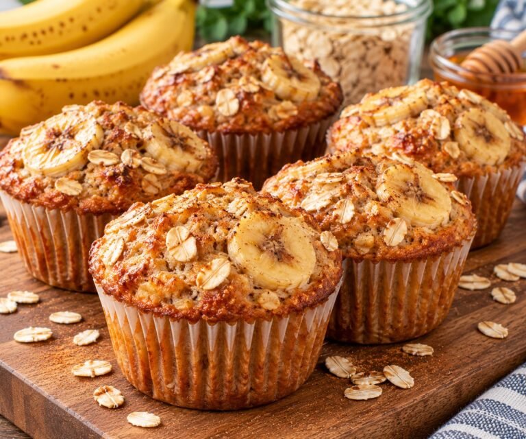 Banana Oat Muffins with ripe bananas, rolled oats, soft centers, golden tops, and a healthy homemade breakfast texture
