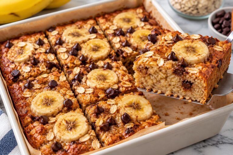 Banana Oat Pan Snack with ripe bananas, rolled oats, cinnamon, berries, nuts, and a soft golden pan-cooked texture