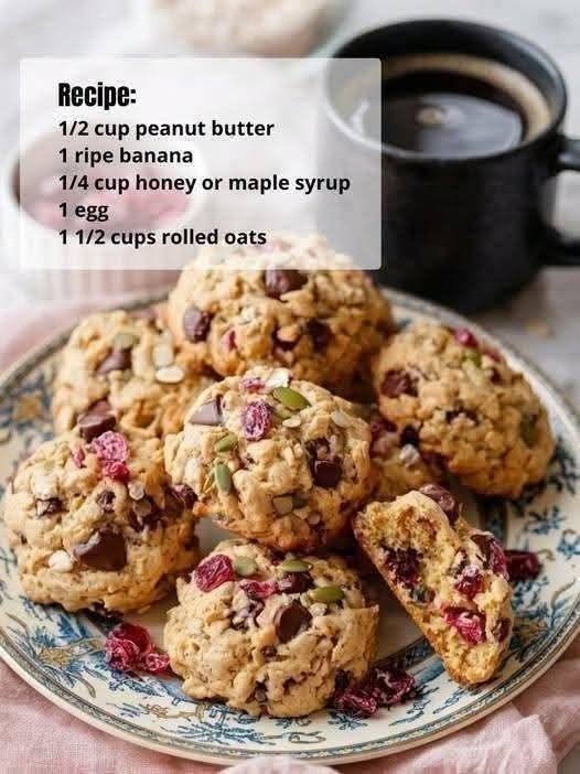 Breakfast Cookies with oats, banana, peanut butter, cranberries, seeds, and chocolate chips